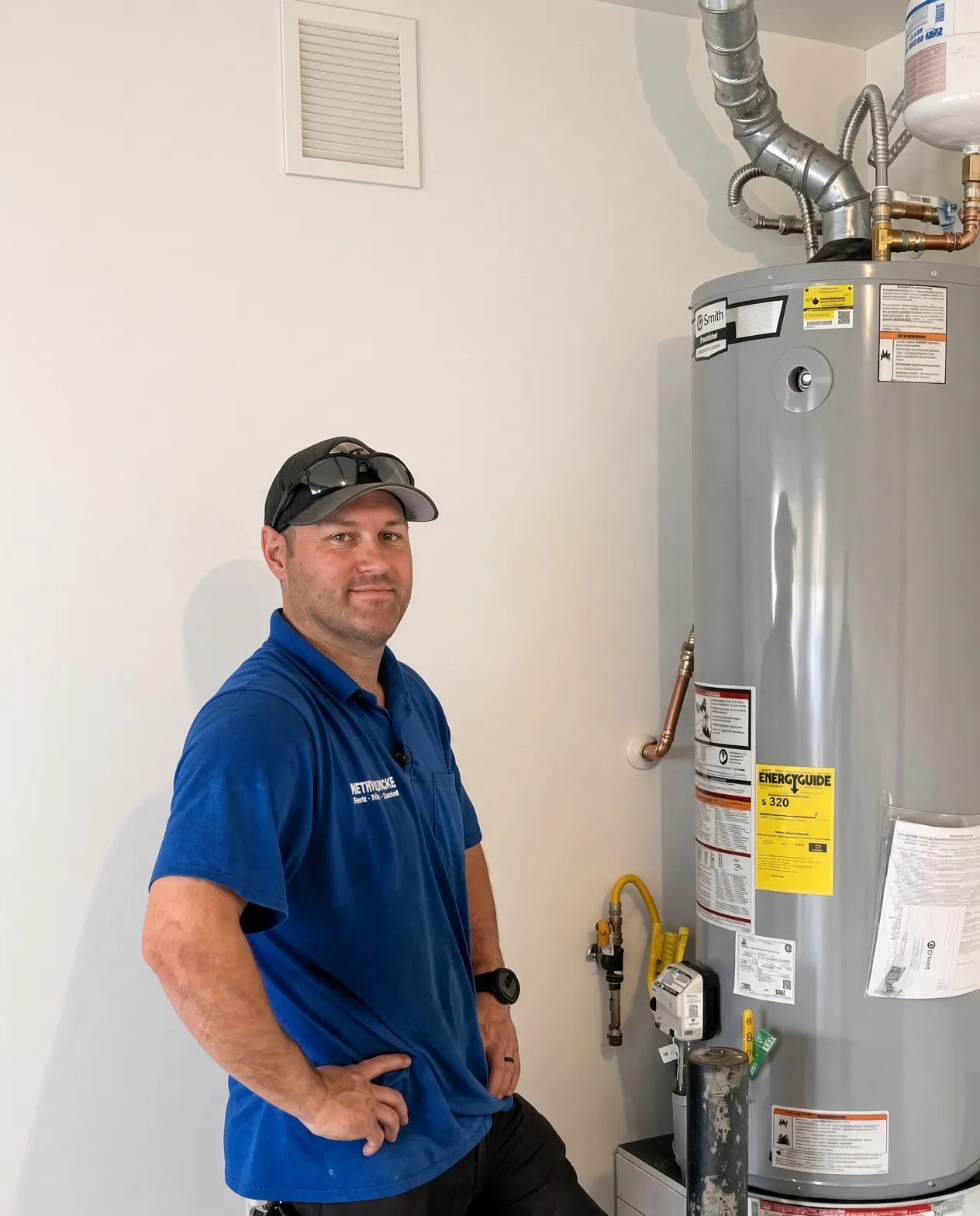 A Picture Rocks plumber beside a newly installed gas water heater.